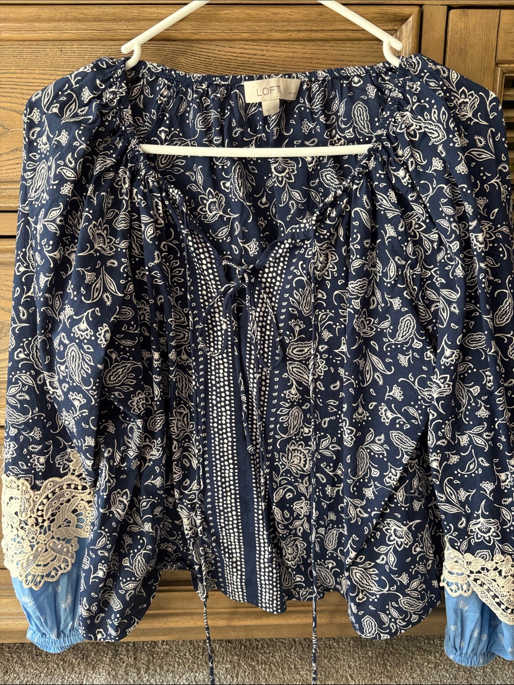 LOFT Navy and White Paisley Peasant Blouse with Lace Cuffs